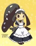 ambiguous_gender black_clothing black_dress bow_ribbon clothing dress game_freak generation_3_pokemon hi_res humanoid leof2f maid_headdress maid_uniform mawile nintendo pokemon pokemon_(species) simple_background solo uniform yellow_background yellow_body