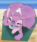 2025 4_fingers alien angel_(lilo_and_stitch) antennae_(anatomy) anthro beach bedroom_eyes big_butt bikini bikini_bottom bikini_top black_eyes blue_tongue butt chest_markings claws clothing detailed_background disney experiment_(lilo_and_stitch) eyelashes eyes_mostly_closed fangs female finger_claws fingers flat_chested floppy_ears front_view hi_res huge_butt huge_hips huge_thighs lilo_and_stitch looking_at_viewer markings narrowed_eyes nightsome open_mouth overweight overweight_anthro overweight_female pink_body purple_nose seductive signature small_tail solo swimwear tail teeth thick_thighs tongue towel two-piece_swimsuit white_body wide_hips