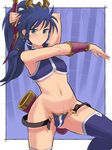  armpits belt beltskirt blue_eyes blue_hair bulge earrings flat_chest jewelry long_hair maebari male_focus otoko_no_ko revealing_clothes sangokushi_taisen shoohee solo taishi_ci thighhighs 