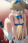  1girl arm_support blonde_hair blue_archive blue_bow blue_bowtie blue_eyes blue_halo blue_leotard blue_shoes bow bowtie braid breasts cleavage detached_collar half_up_braid halo high_heels highres leotard long_hair looking_at_viewer may9 medium_breasts playboy_bunny shoes skindentation solo strapless strapless_leotard thighhighs thighs toki_(blue_archive) toki_(bunny)_(blue_archive) white_thighhighs white_wrist_cuffs wrist_cuffs 