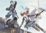  1girl alicia_melchiott binoculars boots brown_eyes brown_hair edelweiss_(senjou_no_valkyria) garrison_cap gloves ground_vehicle gun hat honjou_raita military military_uniform military_vehicle motor_vehicle official_art open_mouth pointing rifle senjou_no_valkyria senjou_no_valkyria_1 striped tank thighhighs twintails uniform weapon welkin_gunther windmill 