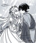  1boy 1girl aged_up alternate_costume arabian_clothes arm_cutout blunt_ends blush bracelet braid brooch closed_eyes closed_mouth coat cosplay detached_sleeves dress eyelashes face-to-face facing_another genshin_impact greyscale hair_ornament half-closed_eyes hetero highres holding_hands jewelry leaf leaf_hair_ornament long_braid long_hair looking_at_another monochrome nahida_(genshin_impact) neck_ring open_mouth pointy_ears rukkhadevata_(genshin_impact) rukkhadevata_(genshin_impact)_(cosplay) scaramouche_(genshin_impact) shawl side_braid sidelocks sketch snc_tozai strapless strapless_dress translation_request twitter_username unfinished watermark wavy_hair 