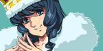  1980s_(style) 1girl blue_eyes blue_hair choujikuu_yousai_macross collarbone crown fur_trim index_fingers_together kotobuki_tsukasa long_hair looking_at_viewer lynn_minmay macross retro_artstyle simple_background smile solo 