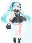  1girl :d absurdres ahoge ankle_socks aqua_hair bag bare_legs black_bag black_bow black_bowtie black_shoes black_skirt black_socks blue_brooch blue_ribbon bow bowtie brooch collared_shirt commentary_request cross-laced_clothes cross-laced_skirt double-parted_bangs fang fingers_to_cheek footwear_bow frilled_shirt_collar frilled_sleeves frills full_body grey_shirt hair_between_eyes hair_bow hand_up handbag hatsune_miku heart heart_brooch high-waist_skirt highres holding holding_bag jewelry knees_together_feet_apart long_hair long_sleeves looking_at_viewer miniskirt open_mouth petticoat puffy_long_sleeves puffy_sleeves ribbon ribbon-trimmed_skirt ribbon_trim shirt shoes simple_background skin_fang skirt sleeve_bow smile socks solo sparkle standing suspender_skirt suspenders tongue very_long_hair vocaloid white_background y_vdo 