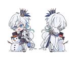  1boy back_view bad_link black_gloves blue_eyes blush cape chibi crown feathers front_view fur_collar gloves highres holding multiple_views namiki_itsuki original short_hair silver_armor smile snow snowman white_background white_hair winter 