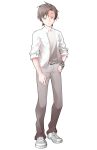  0_0 1boy arm_at_side blazer brown_hair cevio checkered_bracelet collared_shirt commentary_request converse dairi full_body grey_pants grey_shoes hand_on_own_hip highres jacket large_variant_set looking_at_viewer male_focus open_mouth pants shirt shoes short_hair sleeves_rolled_up sneakers solo standing tachi-e takahashi_amato transparent_background triangle_mouth variant_set white_jacket white_shirt wing_collar 
