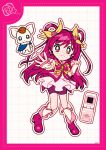  1girl animal_print boots border bow bowtie bright_pupils butterfly_earrings butterfly_print cellphone clenched_hand coattails coco_(yes!_precure_5) collared_socks collared_vest cure_dream deformed dotted_line dress earrings flip_phone flower frilled_sleeves frills full_body green_brooch grid_background hair_bow hair_flower hair_ornament hair_rings happy high_collar high_heel_boots high_heels highres jewelry kneehighs long_hair looking_at_viewer magical_girl outline outstretched_arm phone pink_boots pink_border pink_bow pink_bowtie pink_eyes pink_flower pink_hair pink_rose pink_vest pleated_dress precure puffy_short_sleeves puffy_sleeves purple_shorts rose short_dress short_sleeves shorts shorts_under_dress signature socks standing swept_bangs tareme uwded_207 very_long_hair vest white_arm_warmers white_background white_dress white_outline white_pupils white_socks yellow_bow yes!_precure_5 yes!_precure_5_gogo! yumehara_nozomi 