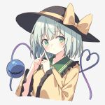  1girl absurdres black_hat blush bow breasts buttons chinese_commentary closed_mouth collared_shirt commentary_request diamond_button eyeball frilled_shirt_collar frilled_sleeves frills green_eyes green_hair grey_background hat hat_bow heart heart_of_string highres index_fingers_together komeiji_koishi long_sleeves looking_at_viewer medium_hair setteiset shirt simple_background solo third_eye touhou wide_sleeves yellow_bow yellow_shirt 