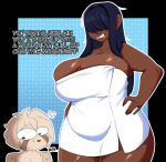 absurd_res anthro big_breasts bobabunnibeans breasts clothed clothing duo female fur hair hi_res human male mammal pilosan simple_background sloth text towel towel_only wide_hips xenarthran