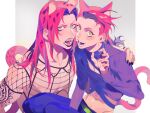 2boys animal_ears belt black_lips black_nails blue_pants blush braid braided_ponytail cat_boy cat_ears cat_tail cleavage_cutout clothing_cutout crop_top diavolo fangs fishnet_top fishnets green_belt grey_background hand_on_another&#039;s_shoulder highres hymkky3 jojo_no_kimyou_na_bouken kemonomimi_mode leopard_tail long_eyelashes long_hair makeup male_focus midriff multicolored_eyes multiple_boys nail_polish open_mouth pants pink_fur pink_hair purple_sweater simple_background spotted_fur spotted_hair sweater tail tattoo two-tone_background vento_aureo vinegar_doppio white_background 