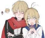  1boy 1girl afterimage ahoge ahoge_wag artoria_pendragon_(fate) black_jacket blonde_hair blue_eyes blue_scarf commentary_request crossed_arms drooling eating expressive_hair fate/stay_night fate_(series) food gilgamesh_(fate) gilgamesh_(immoral_biker_jacket)_(fate) highres jacket open_mouth red_scarf roasted_sweet_potato round_teeth saber_(fate) scarf sleeping sleeping_upright sweet_potato teeth waltz_(tram) 