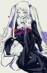  1boy 1girl arm_support atyakodayo1 bandaged_head bandages black_jacket covered_face dated gakuran gakuseibou geminism gloves hair_ribbon hat heart highres hirosoma_kikyou jacket lap_pillow long_hair long_sleeves looking_at_another neckerchief one_eye_covered open_mouth pleated_skirt purple_eyes purple_hair purple_neckerchief purple_ribbon reaching reaching_towards_another ribbon school_uniform serafuku simple_background sitting skirt smile swept_bangs twitter_username two_side_up very_long_hair white_hair yamaga_awasumi yokozuwari 