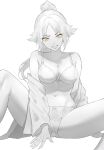  1girl absurdres between_legs bleach bleach:_sennen_kessen-hen bow bow_bra bow_panties bra breasts cleavage commentary crotch_seam hair_over_eyes hand_between_legs highres izei1337 large_breasts long_hair long_sleeves looking_at_viewer monochrome navel no_pants open_clothes open_mouth open_shirt panties parted_bangs ponytail shihouin_yoruichi shirt_partially_removed sidelocks simple_background sitting solo spot_color spread_legs stomach straight-on underwear white_background yellow_eyes 