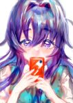  1girl 8_oee blue_eyes blue_hair cellphone collared_shirt covering_own_mouth flower_in_eye green_sweater_vest hair_between_eyes hair_intakes hands_up holding holding_phone kimi_no_koto_ga_dai_dai_dai_dai_daisuki_na_100-nin_no_kanojo long_hair looking_at_viewer neck_ribbon ohananomitsu_high_school_uniform phone profile ribbon school_uniform shirt side_ahoge simple_background smartphone solo sweater_vest symbol_in_eye wavy_hair white_background white_shirt yoshimoto_shizuka 