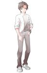  1boy arm_at_side blazer brown_eyes brown_hair cevio checkered_bracelet collared_shirt commentary_request converse dairi full_body grey_pants grey_shoes hand_on_own_hip highres jacket large_variant_set looking_at_viewer male_focus open_mouth pants shirt shoes short_hair sleeves_rolled_up smile sneakers solo standing tachi-e takahashi_amato transparent_background v-shaped_eyebrows variant_set white_jacket white_shirt wing_collar 