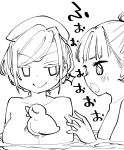  2girls awestruck bath blank_eyes blush breast_awe breasts ceras_yanagida_lilienfeld completely_nude hair_up kachimachi_kosuzu large_breasts link!_like!_love_live! long_hair looking_at_object love_live! monochrome multiple_girls nude object_on_breast open_mouth partially_submerged rubber_duck smile smug sparkling_eyes water white_background yukiri_takashi 