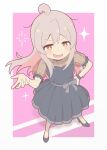  1girl :d ahoge alternate_costume bare_arms black_dress black_shoes brown_eyes commentary dress grey_hair highres legs_apart long_hair looking_at_viewer mayuzumi_fuyuko onii-chan_wa_oshimai! open_mouth oyama_mahiro pink_background rtbspecter see-through_clothes see-through_sleeves shoes short_sleeves simple_background smile smug solo sparkle standing 