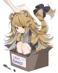  1girl 1other :&lt; animal_ears animal_print blonde_hair box cardboard_box closed_mouth crossed_out from_side green_eyes headpat highres hssfaxee hugging_own_legs in_box in_container jacket ju_fufu long_hair looking_down marker motion_lines ribbon sign simple_background sitting solo_focus tail tail_ornament tail_raised tail_ribbon tape tiger_ears tiger_girl tiger_print tiger_tail white_background yellow_jacket zenless_zone_zero 