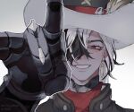  1boy artist_name bandana black_eyes black_hair black_hat black_jacket boothill_(honkai:_star_rail) bullet_earrings buttons cowboy_hat earrings english_commentary eyeliner hair_over_one_eye hand_up hat hat_feather hat_ornament highres honkai:_star_rail honkai_(series) jacket jewelry lips long_hair looking_at_viewer makeup male_focus multicolored_hair open_clothes open_jacket prosthesis prosthetic_hand red_bandana red_eyeliner sharp_teeth simple_background smile solo teeth tuofu two-tone_hair upper_body white_background white_hair 