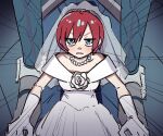  1girl amate_yuzuriha bare_shoulders bridal_veil cockpit commentary_request dress gloves green_eyes gundam gundam_gquuuuuux jewelry karaage_unai necklace necktie pearl_necklace red_hair short_hair solo veil wedding_dress white_gloves 