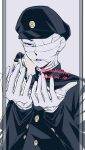  1boy 1girl atyakodayo1 bandaged_head bandages black_hat black_jacket border buttons colored_tongue covered_face cupping_hands eye_contact gakuran gakuseibou geminism gloves hair_ribbon hands_up hat highres hirosoma_kikyou in_palm jacket long_hair long_sleeves looking_at_another mini_person minigirl one_eye_covered open_mouth own_hands_together pillarboxed purple_eyes purple_ribbon purple_tongue ribbon school_uniform simple_background size_difference transparent_border twitter_username two_side_up upper_body white_background white_gloves white_hair yamaga_awasumi 
