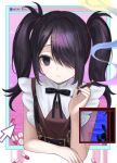  1girl absurdres ame-chan_(needy_girl_overdose) black_eyes black_hair black_nails black_ribbon cigarette copyright_name covered_eyes cursor error_message hair_ornament hair_over_one_eye highres holding holding_cigarette kkamkkam long_hair looking_at_viewer multicolored_nails nail_polish neck_ribbon needy_girl_overdose parted_lips pill red_nails red_shirt ribbon ringed_eyes shirt skirt smoke smoking solo suspender_skirt suspenders swept_bangs twintails upper_body window_(computing) x_hair_ornament 