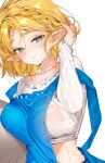  1girl alternate_costume apron blonde_hair blue_apron blush braid breasts closed_mouth collarbone commentary cropped_shirt crown_braid green_eyes hair_behind_ear hand_in_own_hair large_breasts looking_at_viewer midriff no_bra off_shoulder parted_bangs pointy_ears princess_zelda see-through_clothes see-through_shirt shirt short_hair shuri_(84k) simple_background smile solo strap_slip the_legend_of_zelda the_legend_of_zelda:_tears_of_the_kingdom thick_eyebrows upper_body wet wet_clothes wet_shirt white_background white_shirt 