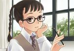  braid brown_eyes brown_hair glasses luna2 original pencil school_uniform solo sweater_vest vest wooden_pencil 