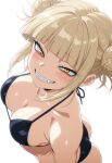  1girl absurdres ai-generated ass bare_breast bare_shoulders bikini black_bikini blonde_hair blunt_bangs blush boku_no_hero_academia breasts cleavage collarbone double_bun fangs hair_bun highres kawaaniiiii looking_at_viewer looking_up medium_breasts messy_hair narrowed_eyes navel open_mouth short_hair sidelocks smile solo stomach string_bikini swimsuit teeth toga_himiko white_background yellow_eyes 