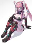  1girl black_bra bra colored_skin green_eyes hakidashi_11 long_hair phantasy_star phantasy_star_online_2 pink_hair pink_skin robot_girl simple_background sitting solo twintails underwear white_background 