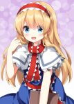  1girl :d alice_margatroid alternate_hair_length alternate_hairstyle blonde_hair blue_dress blue_eyes blush book capelet commentary cowboy_shot dress hairband hand_up highres holding holding_book long_hair looking_at_viewer open_mouth purple_background red_hairband red_ribbon ribbon ruu_(tksymkw) smile solo touhou white_capelet 