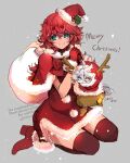  2girls antlers artist_name blue_eyes closed_mouth commentary_request dress english_text gloves grey_background grey_eyes grey_hair gundam gundam_suisei_no_majo hat high_heels highres horns izumiya_otoha long_hair looking_at_viewer merry_christmas mini_person minigirl miorine_rembran multiple_girls red_gloves red_hair red_shoes red_thighhighs reindeer_antlers santa_costume santa_dress santa_hat shoes simple_background smile snow snowing suletta_mercury thick_eyebrows thighhighs twitter_username 