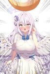  1girl angel_wings badge blue_archive blue_bow blue_bowtie blush bow bowtie breasts button_badge cake capelet commentary crescent cross dress emphasis_lines feathered_wings flower food hair_bun hair_flower hair_ornament hair_ribbon halo highres hikotou_(sao73cat) huge_breasts long_hair low_wings mika_(blue_archive) open_mouth pink_hair pink_halo purple_flower ribbon simple_background single_side_bun smile solo spoken_sweatdrop sweatdrop swiss_roll underbust white_background white_capelet white_dress white_ribbon white_wings wings yellow_eyes 