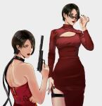  1girl ada_wong adjusting_eyewear bare_back black-framed_eyewear black_collar black_hair black_nails breasts closed_mouth collar commentary cowboy_shot dress english_commentary fingernails from_behind grey_eyes gun hand_up handgun hashtag-only_commentary henoopd highres holding holding_gun holding_weapon long_fingernails looking_at_viewer looking_back looking_over_eyewear looking_to_the_side parted_lips red_dress red_lips resident_evil resident_evil_4 resident_evil_4_(remake) short_hair simple_background small_breasts sunglasses thigh_strap upper_body weapon white_background 