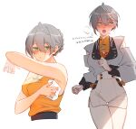  104_same 1girl armpits blush braid braided_bun breasts chinese_clothes clothing_cutout commentary_request cowboy_shot cropped_torso full-face_blush genderswap genderswap_(mtf) green_eyes grey_hair grey_jacket hair_between_eyes hair_bun hair_up highres holding_cloth jacket large_breasts long_sleeves looking_at_viewer multiple_views official_alternate_costume open_mouth orange_shirt parted_lips shirt shorts shoulder_cutout sleeveless sleeveless_shirt sweatdrop translation_request white_shorts wiping_sweat wise_(soaring_crane)_(zenless_zone_zero) wise_(zenless_zone_zero) zenless_zone_zero 
