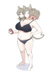  1girl animal_ears black_bra black_panties blush bra breasts cerberus cleavage collarbone conjoined dog_ears dog_girl full-face_blush hair_over_eyes highres large_breasts maikamiaka multiple_girls multiple_heads original panties plump purple_eyes short_hair simple_background skirt standing tail teeth tongue underwear underwear_only white_background 