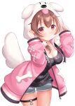  1girl animal_hat black_shirt breasts brown_eyes brown_hair cleavage coat dog_hat fake_tail hajime_yo hat highres hololive hood hood_up inugami_korone looking_at_viewer pink_coat shirt short_shorts shorts simple_background solo tail thigh_strap virtual_youtuber white_background 