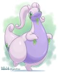  artist_name blush closed_mouth colored_skin dated dragon english_commentary full_body gomuhimo_(nawataro) goodra green_background green_eyes highres large_tail looking_at_viewer no_humans pokemon pokemon_(creature) purple_skin shadow slime_(substance) smile solo standing tail thick_thighs thighs twitter_username 