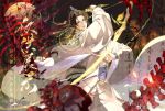  1boy bisected brown_eyes brown_hair bug butterfly chinese_clothes chinese_commentary chu_wanning closed_mouth cowboy_shot crescent_moon erha_he_ta_de_bai_mao_shizun glowing glowing_weapon hanfu high_ponytail holding holding_whip long_sleeves looking_at_another male_focus moon night night_sky official_art ponytail sash skeleton sky solo tassel watermark weapon weibo_watermark white_hanfu wide_sleeves xiao_guan_(headdress) yao_san_ge_ling 
