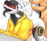 anthro blush breasts clothed clothing doggystyle duo female from_behind_position hat headgear headwear heart_symbol hi_res holding_tail hoodie human male male/female mammal partially_clothed pecco_occeq penetration sex synth_(vader-san) tail tail_hug topwear tozikira_(botanics)