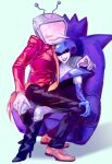  1boy 1girl ant_tenna arm_around_neck artist_name black_boots black_lips black_pants blue_gloves blush boots breasts cleavage collarbone crt deltarune gloves grin hand_on_another&#039;s_knee hashtag-only_commentary highres homuku mole mole_above_mouth necktie object_head pants pointy_nose queen_(deltarune) shoes sitting sitting_on_lap sitting_on_person sitting_on_throne smile sweat tailcoat textless_version throne white_gloves yellow_necktie yellow_shoes 