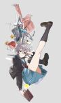  1girl absurdres black_cardigan black_socks blue_sailor_collar book brown_eyes brown_shoes cardigan chair closed_mouth coat commentary_request falling flying_paper folding_chair glasses grey_background hat highres holding holding_book kita_high_school_uniform kneehighs loafers long_sleeves nagato_yuki paper party_hat pink_coat purple_hair sailor_collar school_uniform serafuku shoes short_hair simple_background socks solo star_wand suzumiya_haruhi_no_yuuutsu unworn_coat unworn_hat unworn_headwear wand wangyou_ro winter_uniform 