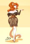 american_mink anika_stelida anthro big_breasts blue_eyes breasts clothing collar dress fashion female footwear fur hair hi_res high_heels huge_breasts mammal mink mustelid musteline neovison ooo-belise-ooo red_hair shoes solo tail translucent translucent_clothing true_musteline white_body white_fur