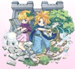  1boy 1girl blonde_hair blue_cloak blue_eyes blue_socks blue_tunic blunt_bangs blunt_ends boots bow bracelet brother_and_sister child cloak commentary_request dragon_quest dragon_quest_v energy_ball floating_clothes gloves green_bow hair_bow hero&#039;s_daughter_(dq5) hero&#039;s_son_(dq5) highres holding holding_sword holding_weapon imminent_attack jewelry looking_at_viewer low_ponytail naox open_mouth palace pillar pink_cloak pink_tunic ponytail short_hair siblings socks spiked_hair sword tree tunic twins weapon white_boots white_gloves zenithian_sword 