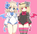  2girls ahoge ajitarou_(setsu) alternate_costume angel_feather_alma blonde_hair blue_eyes dark_feather_alma demon_wings emil_chronicle_online frilled_leotard frills hair_ornament hair_ribbon leotard looking_at_viewer multiple_girls pointy_ears red_eyes ribbon sketch striped_clothes striped_thighhighs thighhighs thighs wings 