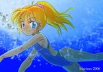  :3 blonde_hair blue_eyes bubble competition_swimsuit inui_kyouko long_hair one-piece_swimsuit original ponytail smile solo swimming swimsuit underwater 