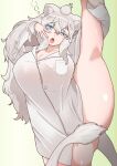  1girl alternate_breast_size animal_ears arms_up asatoyuyunopapa ass_visible_through_thighs blue_eyes bottomless breast_pocket breasts buttons covering_crotch covering_privates dress_shirt flexible grey_hair hair_between_eyes half-closed_eye head_tilt highres holding_own_leg huge_breasts kemono_friends kemono_friends_3 kneepits leg_hold leg_lift leg_up lion_ears lion_girl lion_tail long_hair long_sleeves looking_at_viewer making-of_available naked_shirt pocket shiny_skin shirt sleepy solo split standing standing_on_one_leg standing_split tail tail_censor very_long_hair white_lion_(kemono_friends) white_shirt 