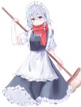  1girl apron black_bow blue_ribbon blush bow braid broom closed_mouth commentary grey_hair hair_bow hashtag-only_commentary holding holding_broom izayoi_sakuya long_hair looking_at_viewer maid maid_headdress neck_ribbon nekoyuki29 purple_eyes red_scarf ribbon scarf simple_background smile solo touhou twin_braids waist_apron white_apron white_background 