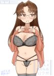  1girl azumanga_daioh bra breasts brown_eyes brown_hair cleavage clothes_lift go_yasukuni highres large_breasts long_hair mizuhara_koyomi navel shirt_lift simple_background thigh_gap thighhighs thong underwear white_background 