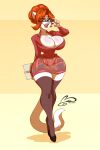 american_mink anthro big_breasts blue_eyes bottomwear breasts clothing collared_shirt dress_shirt dress_shoes exposed_cleavage eyewear fashion female fur glasses hair hi_res huge_breasts ivy_stelida legwear mammal miniskirt mink mustelid musteline neovison ooo-belise-ooo red_hair shirt skirt solo stockings tail topwear true_musteline white_body white_fur